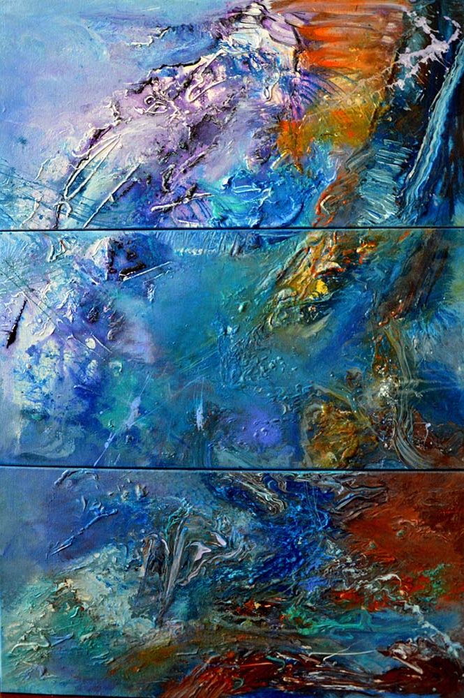 The Depths - Acrylic Pour Abstract By Red, Triptych 3) 24"x12", Gallery Wrap Canvas