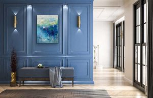 Timeless Oil abstract by Red 40" x 30" on Gallery Wrap Canvas Hung On Blue Wall