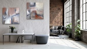 Into the Music - Diptych by Red, Oil Abstract, 2) 30"x30", Gallery Wrap Canvas, Room View