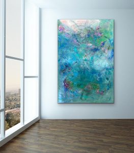 Ethereal Magic Large Acrylic Abstract by Red Hung on white wall next to large windows, 60" x 40", gallery wrap canvas