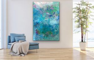 Ethereal Magic Large Acrylic Abstract by Red Hung on white wall with blue chair, 60" x 40", gallery wrap canvas