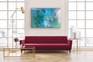 Ethereal Magic Large Abstract by Red Hung over cranberry couch