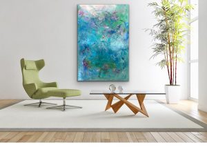 Ethereal Magic Large Acrylic Abstract by Red Hung on white wall with lime chair, 60" x 40", gallery wrap canvas