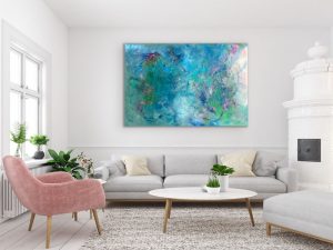 Ethereal Magic Large Acrylic Abstract by Red Hung on white wall with white couch nd pink chair, 40" x 60", gallery wrap canvas