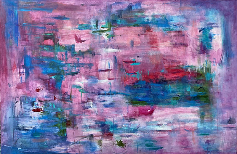 Passionately Soulful By Red, a Large acrylic abstract with vibrant pinks and blues on a 40" x 60" gallery wrap canvas