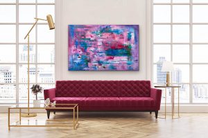 Passionately Soulful By Red, 40x60 acrylic abstract with vibrant pinks and blues 