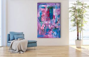 60x40 acrylic abstract with vibrant pinks and blues hanging on wall