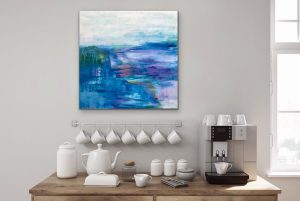 Crystal Blue Persuasion Contemporary Acrylic Abstract by Red, Room View, 36x36, Gallery Wrap Canvas