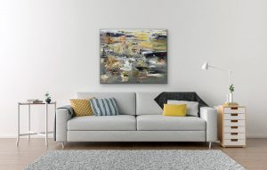 New Directions Contemporary Oil Abstract by Red In Room Setting, 30x24, Gallery Wrap Canvas