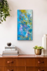Misty Illusions Acrylic Abstract by Red, 36x 18, Gallery Wrap Canvas, Hung over a Cabinet