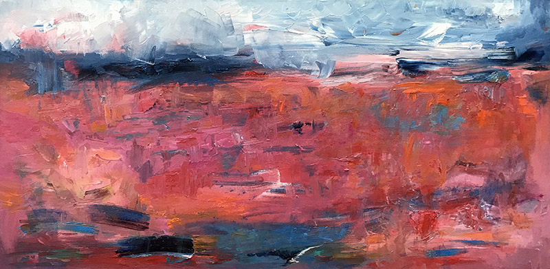 Evening Hues - an Abstract Oil Sunset by Red, 20" x 40"