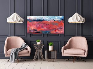 Evening Hues Contemporary Abstract by Red, Room View 3, 20"x40", Oil Gallery Wrap Canvas
