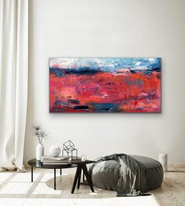 Evening Hues Contemporary Abstract by Red, Room View -1, 20"x40", Oil Gallery Wrap Canvas