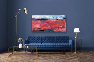 Evening Hues Contemporary Abstract by Red, Room View, 20"x40", Oil Gallery Wrap Canvas