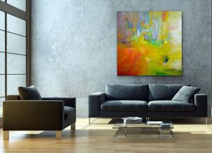 Fading Light Oil Abstract by Red, Room View-2, 60"x60", Gallery Wrapped Canvas