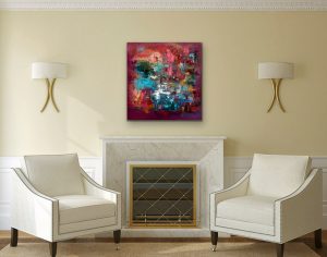 Muddled Berries Contemporary Oil Abstract by Red, Room View 2, 18"x18", Gallery Wrap Canvas