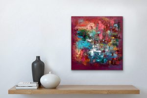 Muddled Berries Contemporary Oil Abstract by Red, Room View, 18"x18", Gallery Wrap Canvas