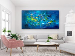 Blue Bayou, Acrylic Abstract by Red, 36" x 72", Room Setting