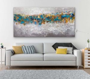 Turquoise Trail Acrylic Abstract by Red Hung Over White couch 