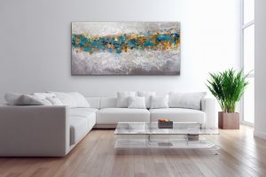 Turquoise Trail Acrylic Abstract by Red Hung with Large White Sofa