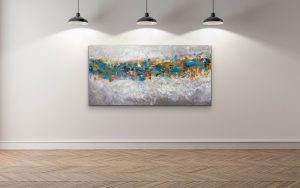 Turquoise Trail acrylic abstract by Red, 36 x 72 gallery wrap canvas on Display 