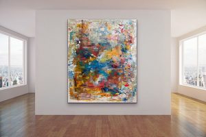 Rhythms of Color large oil abstract by red hanging on the wall