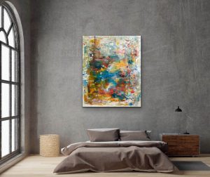 Rhythms of Color large oil abstract by red Room Setting