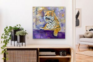 Geaux Tigers hung over Credenza, Acrylic Abstract by Red, 24" x 24"