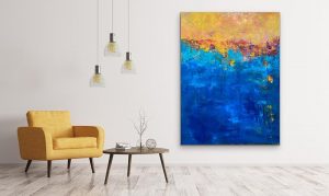 The Ocean at the End of the Sunset Acrylic Abstract by Red Room View with Yellow Chair