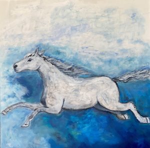 Wind Dancer Acrylic Painting by Red of a White Horse with blue background on gallery wrap canvas