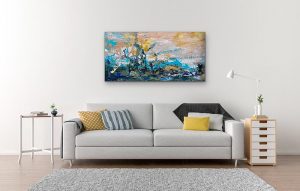 After the Wildfire Acrylic Abstract Over white Couch by Red, 20" x 40", gallery wrap canvas