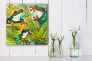 Hopping With Happiness Red-Eyed Tree Frog Acrylic Painting by Red Hung On Wall, 24"x 24", Gallery Wrap Canvas
