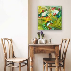 Hopping With Happiness Red-Eyed Tree Frog Acrylic Painting by Red Over Breakfast Table, 24"x 24", Gallery Wrap Canvas