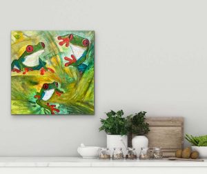 Hopping With Happiness Red-Eyed Tree Frog Acrylic Painting by Red Over Breakfast Bar 24"x 24", Gallery Wrap Canvas