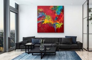 Red's Adventure Mixed Media Abstract by Red Dark Gray Couch, 48x48, Gallery Wrap Canvas