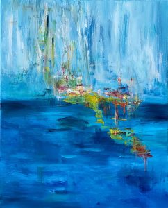 Reflections and Inspiration acrylic abstract by Red, 30" x 20" on gallery wrap canvas. Soft blues