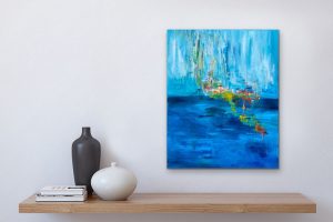 Reflections and Inspiration acrylic abstract by Red, 30" x 20" on gallery wrap canvas over Shelf, Soft blue