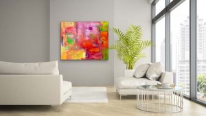 Eye on Art Abstract by Red  40" x 50" Gallery wrap canvas hung in family room with white couch