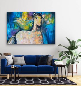 Pretty Boy Acrylic Horse Painting by Red, Hung over Blue Couch, 40x60, Gallery Wrap Canvas