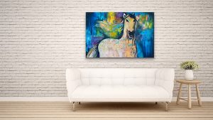 Pretty Boy Acrylic Horse Painting by Red, Hung over White Couch, 40x60, Gallery Wrap Canvas