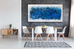 I’ll Play the Blues for You An Acrylic Abstract by Red, Gallery Wrap Canvas 36" x 72" hung over conference / dining table