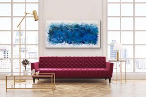 I’ll Play the Blues for You Acrylic Abstract by Red on wall over couch, gallery wrap canvas, 36x72