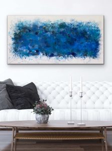 I’ll Play the Blues for You Acrylic Abstract by Red on wall over white couch, gallery wrap canvas, 36x72