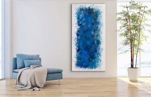 I’ll Play the Blues for You Acrylic Abstract by Red on wall with blue chair setting, gallery wrap canvas, 72x36