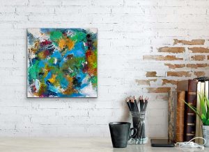 Live Out Loud Small Acrylic Abstract by Red Hung on Brick Wall, On Gallery Wrap Canvas, 18" x 18" 
