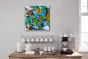 Live Out Loud Small Acrylic Abstract by Red Hung on Brick Wall, On Gallery Wrap Canvas, 18" x 18", Hung Over Breakfast Bar 
