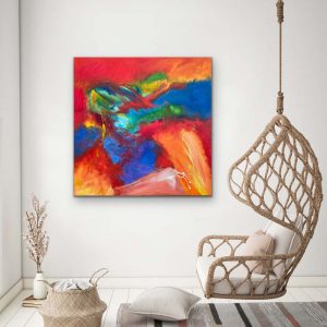 Bold & Beautiful Acrylic Abstract by Red 40" x 40", gallery wrap canvas, Hung with rattan chair in casual setting