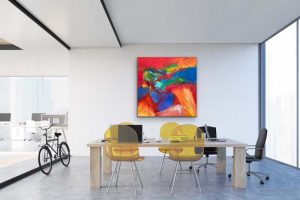 Bold & Beautiful Acrylic Abstract by Red 40" x 40", gallery wrap canvas, Hung in room setting with modern conference table