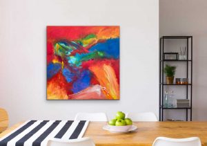 Bold & Beautiful Acrylic Abstract by Red 40" x 40", gallery wrap canvas, Hung in room setting with casual wood table