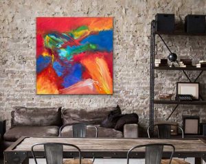 Bold & Beautiful Acrylic Abstract by Red 40" x 40", gallery wrap canvas, Hung on Brick wall with brown leather sofa